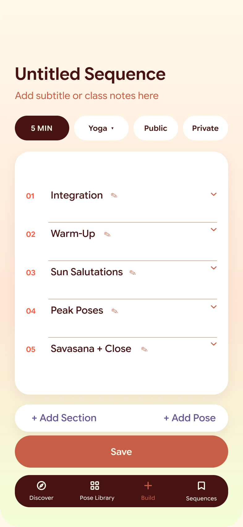 Sequence builder with Integration, Warm-Up, Sun Salutations, Peak Poses, and Savasana sections