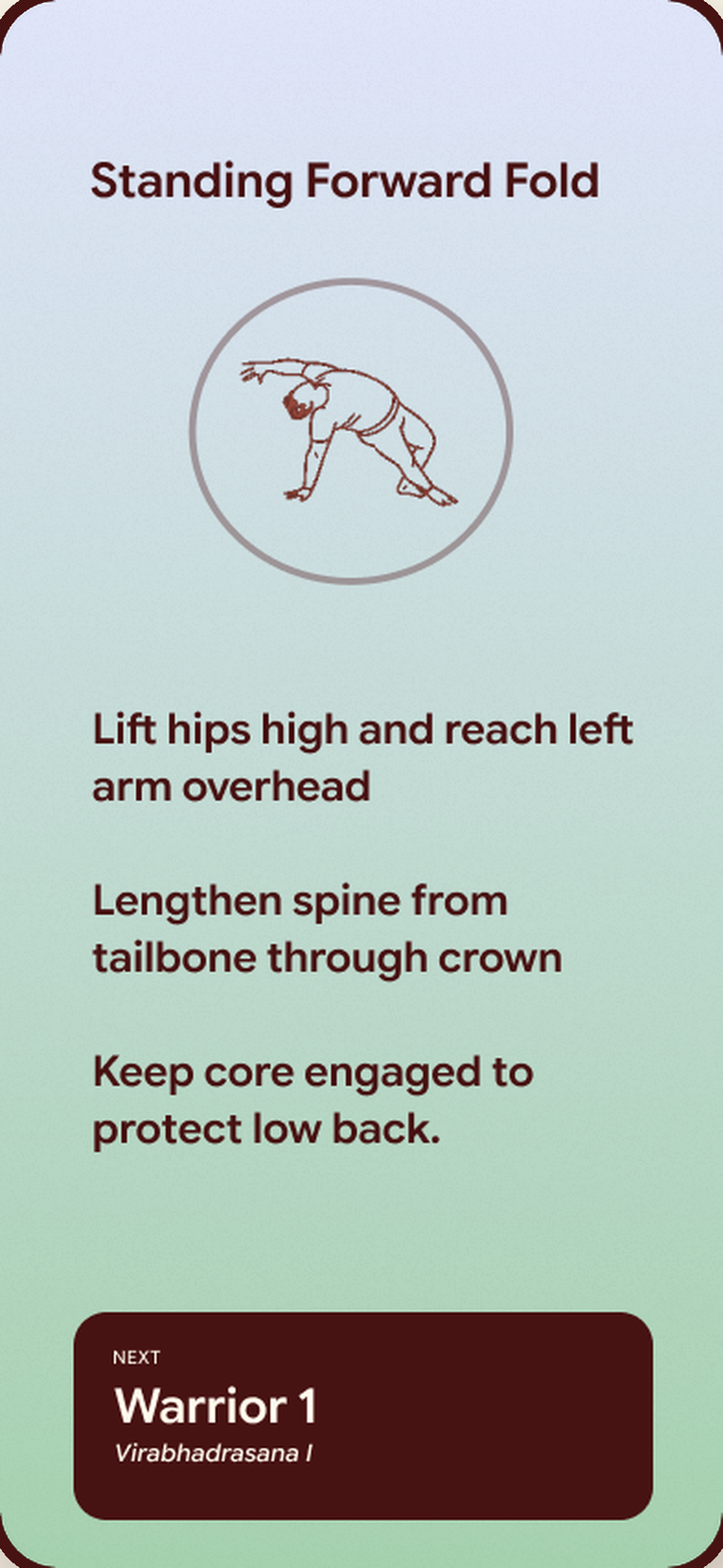 Live Teach screen showing Standing Forward Fold with cues and the next pose